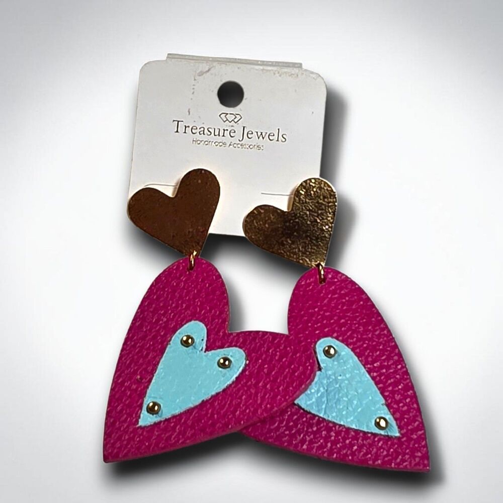 Treasure Jewels Heart Earrings Handmade Leather Mauve Teal Gold Post Back 3"